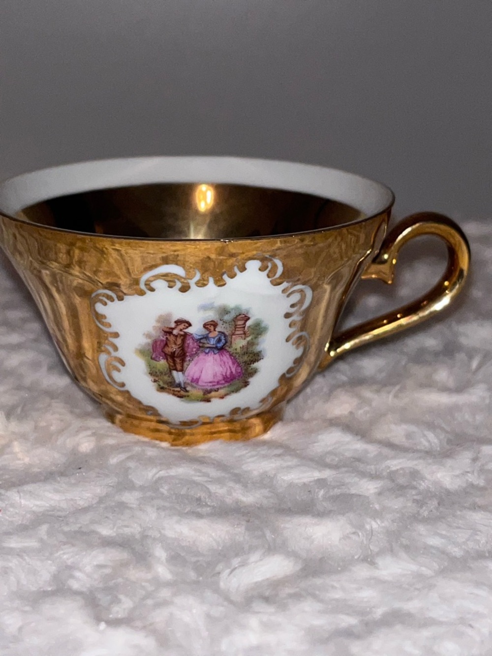 Vintage Gold Gilded Porcelain Teacup with Pastel Cameo Scene